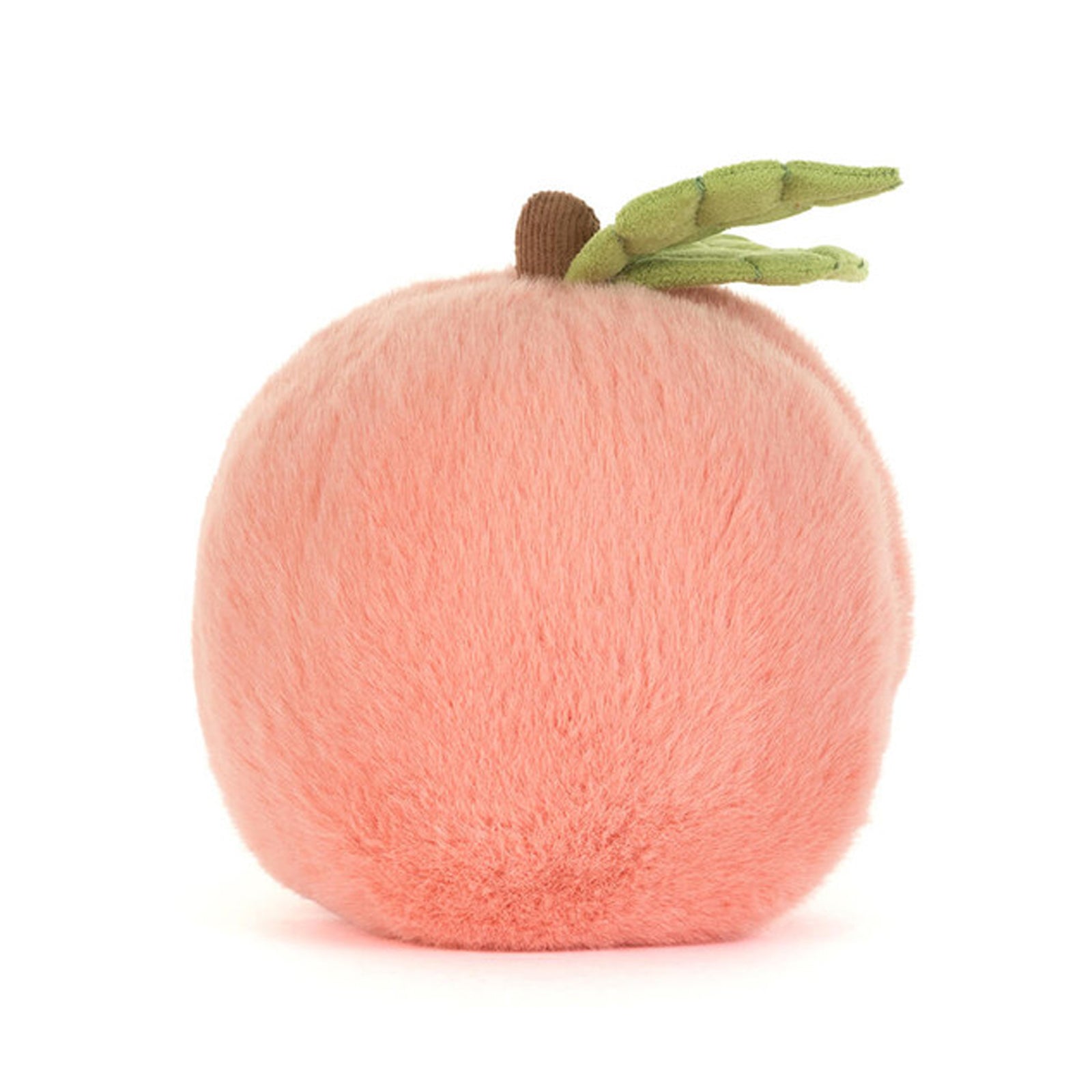 A soft, kawaii-style plush toy in the shape of a smiling peach, known as the Peachy Plush Buddy.