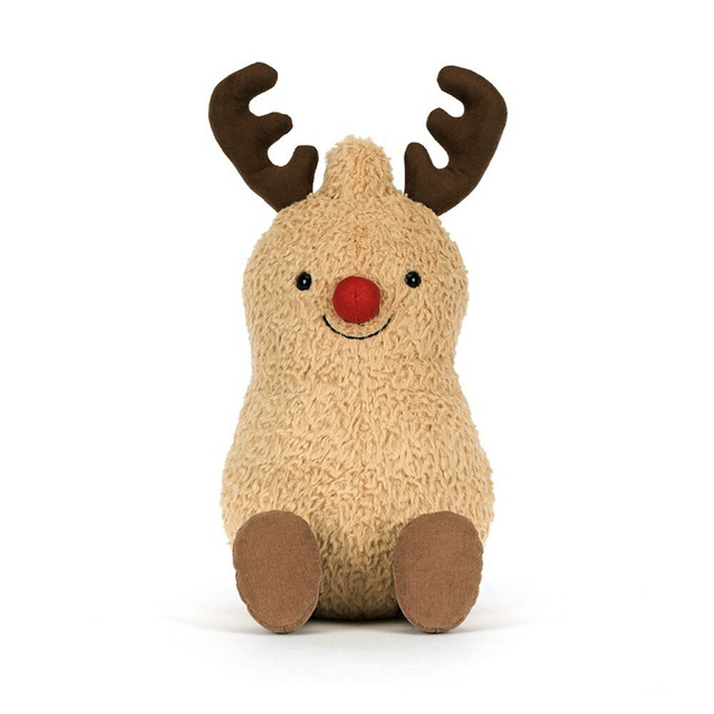 Amuseables Peanut Reindeer Christmas plush toy. A funny cute soft peanut in a reindeer costume for holiday decor. Perfect as a unique Christmas gift, funny stocking stuffer, or quirky desk accessory for peanut lovers. Festive humor gift.