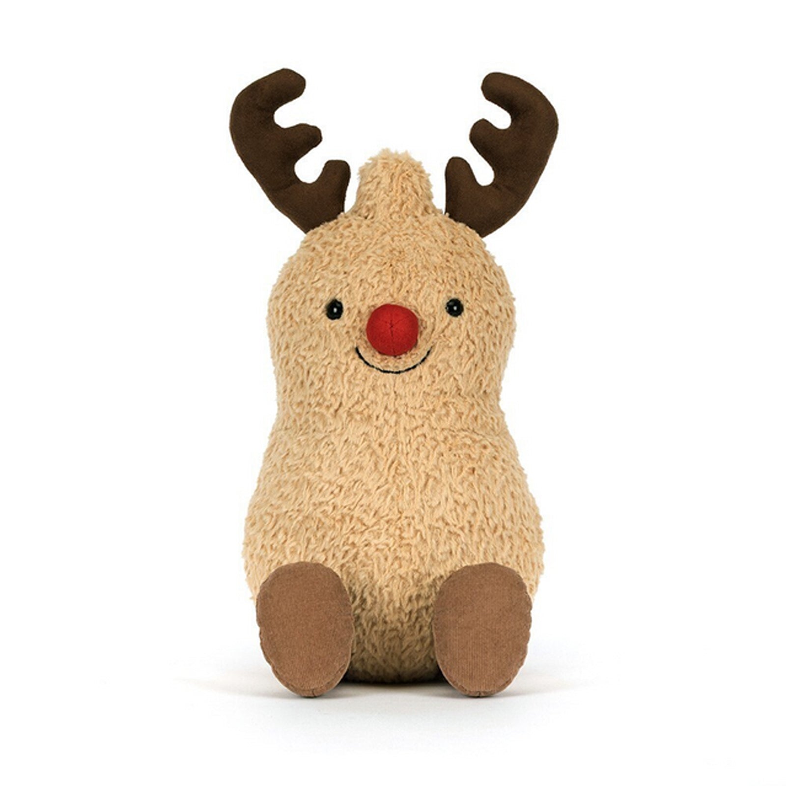Amuseables Peanut Reindeer Christmas plush toy. A funny cute soft peanut in a reindeer costume for holiday decor. Perfect as a unique Christmas gift, funny stocking stuffer, or quirky desk accessory for peanut lovers. Festive humor gift.