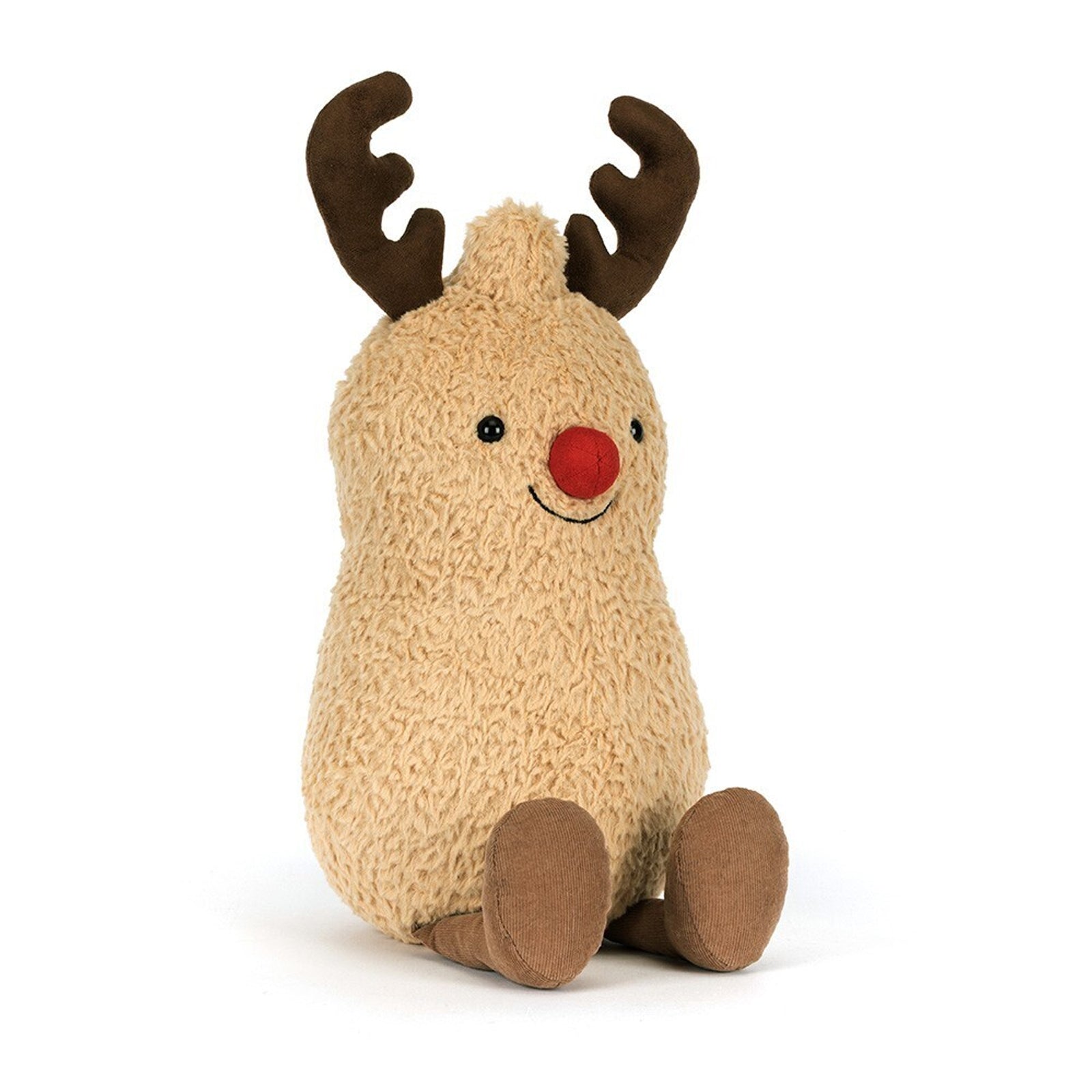 Amuseables Peanut Reindeer Christmas plush toy. A funny cute soft peanut in a reindeer costume for holiday decor. Perfect as a unique Christmas gift, funny stocking stuffer, or quirky desk accessory for peanut lovers. Festive humor gift.