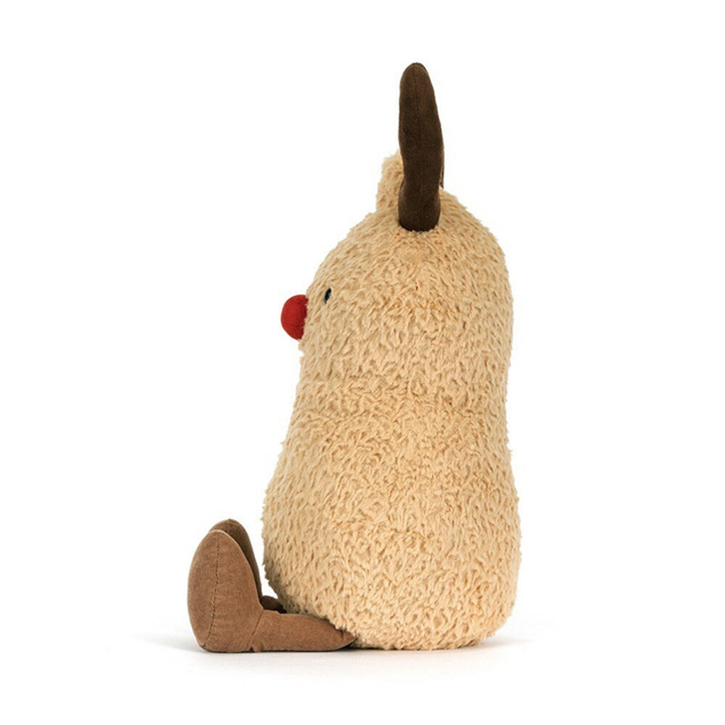 Amuseables Peanut Reindeer Christmas plush toy. A funny cute soft peanut in a reindeer costume for holiday decor. Perfect as a unique Christmas gift, funny stocking stuffer, or quirky desk accessory for peanut lovers. Festive humor gift.
