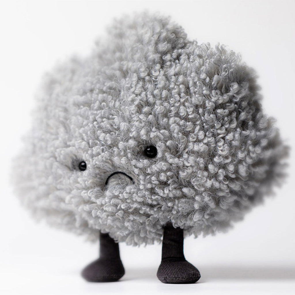 Amuseables Storm Cloud plush toy emotional support stuffed cloud for children. Soft grey fabric safety embroidered features grumpy weather character. Educational emotional development toy helps kids understand feelings anxiety relief. Perfect for creative play storytelling sensory comfort ages 3-8 years. Unique weather-themed plush collectible Amuseables series. Great gift for birthday Christmas mental health awareness emotional intelligence development.