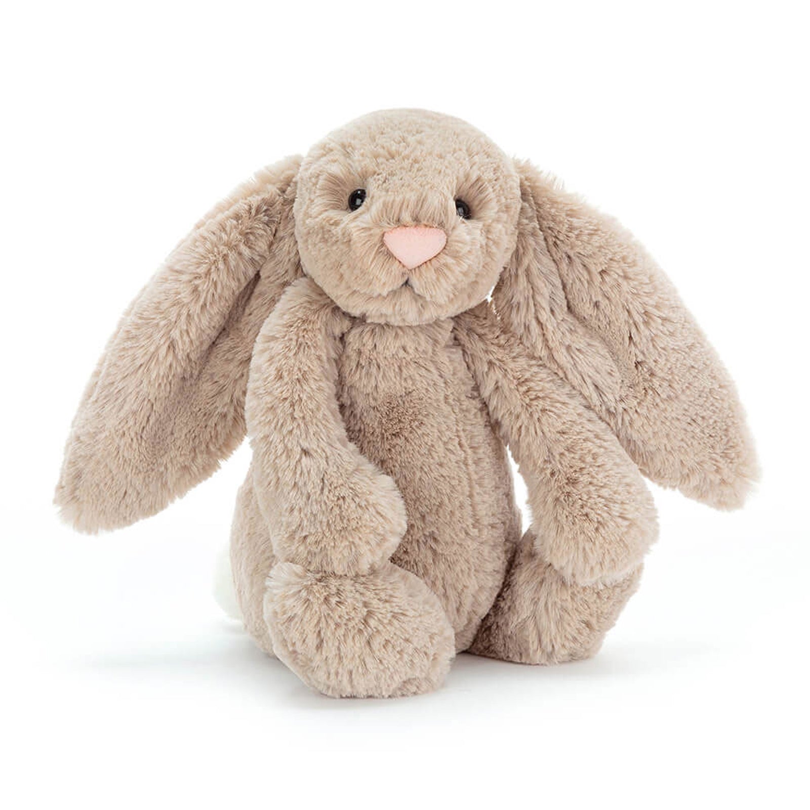 Bashful Beige Bunny plush toy with pink nose. Neutral colored stuffed rabbit with floppy ears, classic teddy bear alternative. Perfect Easter gift, baby shower present, nursery decoration, christening gift, children's birthday. Soft collectible bunny, heirloom quality stuffed animal, vintage style plush.