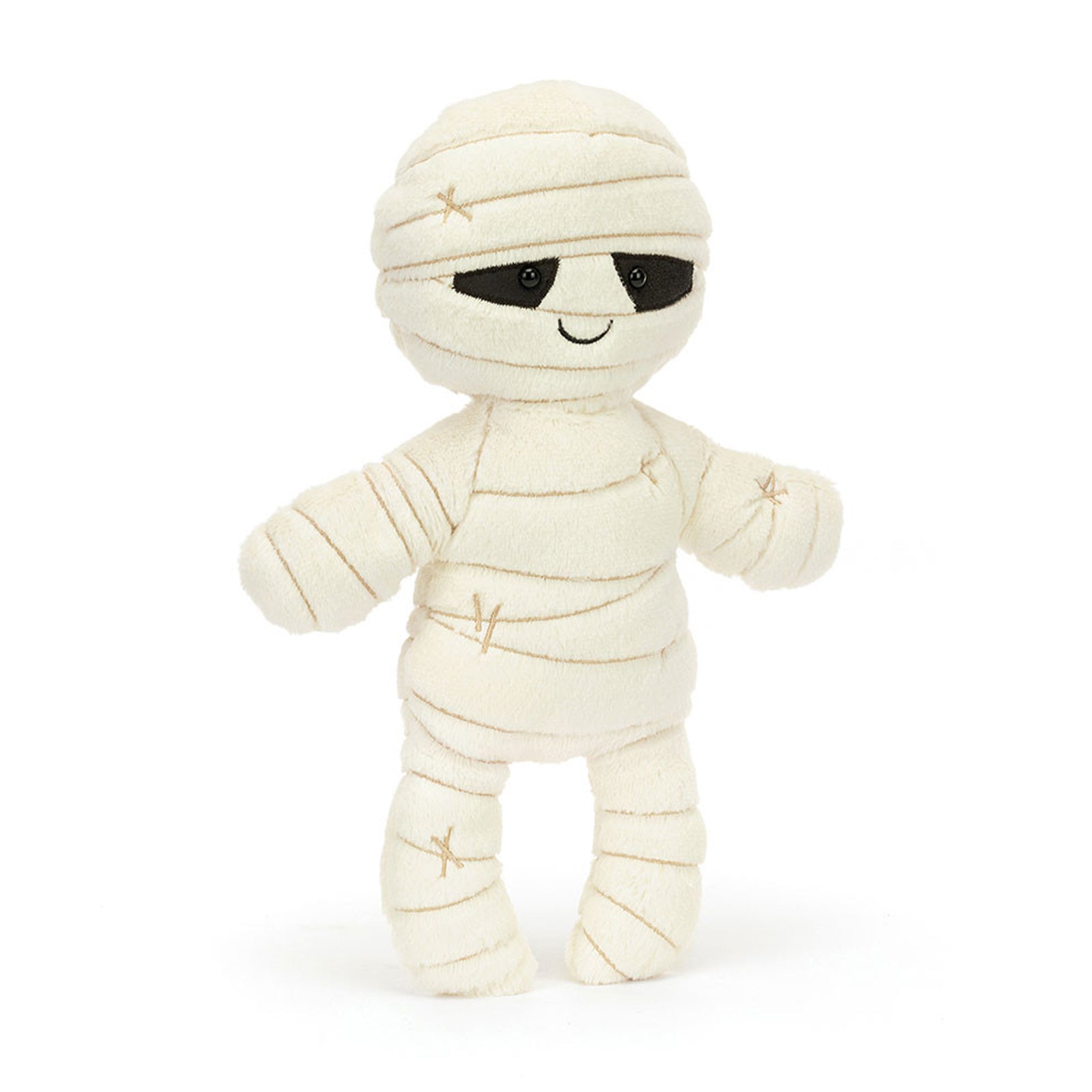 Mummy Bob white plush toy bandaged mummy stuffed animal. Soft white fabric safety embroidered features playful character design. Egyptian theme cute monster perfect for Halloween gifts birthday presents. Emotional comfort toy for children imaginative play historical adventure stories. Premium stuffing machine washable materials developmental toy for empathy building. Friendly monster collection spooky but sweet character huggable design mystery companion.