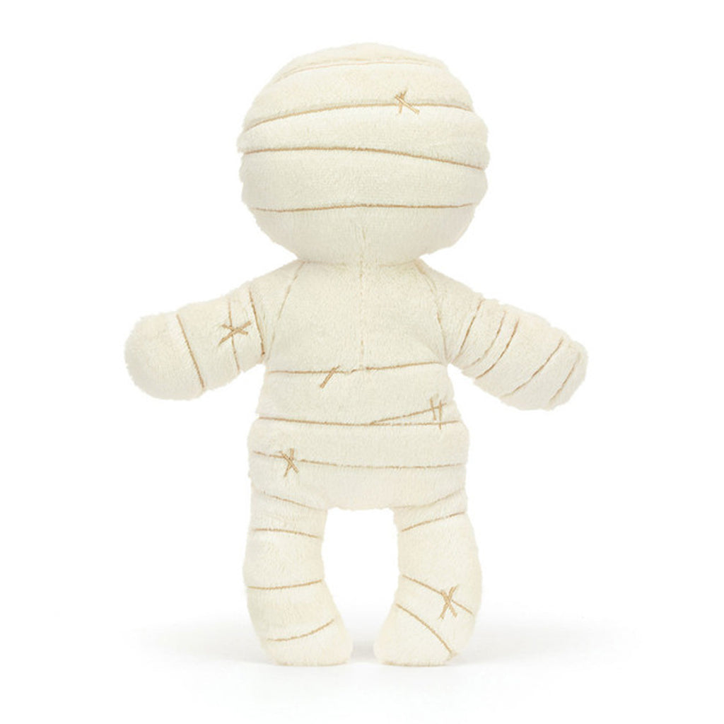 Mummy Bob white plush toy bandaged mummy stuffed animal. Soft white fabric safety embroidered features playful character design. Egyptian theme cute monster perfect for Halloween gifts birthday presents. Emotional comfort toy for children imaginative play historical adventure stories. Premium stuffing machine washable materials developmental toy for empathy building. Friendly monster collection spooky but sweet character huggable design mystery companion.