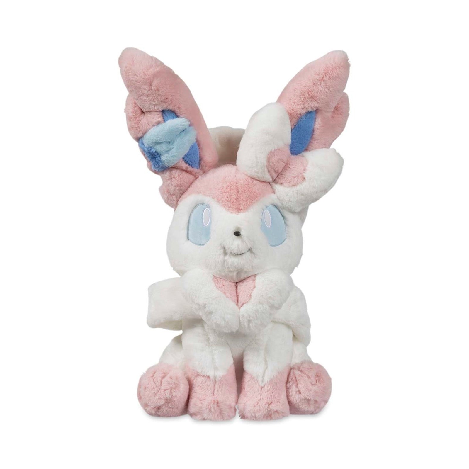 Sylvia Sylveon Comfy Friends plush officially licensed Pokémon Eevee evolution stuffed animal. Ultra-soft premium chenille fabric cloud-like texture sensory comfort toy. Pastel pink coloring safety embroidered eyes perfect for emotional support anxiety relief. Comfy Friends collection limited edition Pokémon Center product. Best gift for Pokémon fans children adults birthday Christmas present. Huggable design soft stuffed toy collectible merchandise cuddling companion.