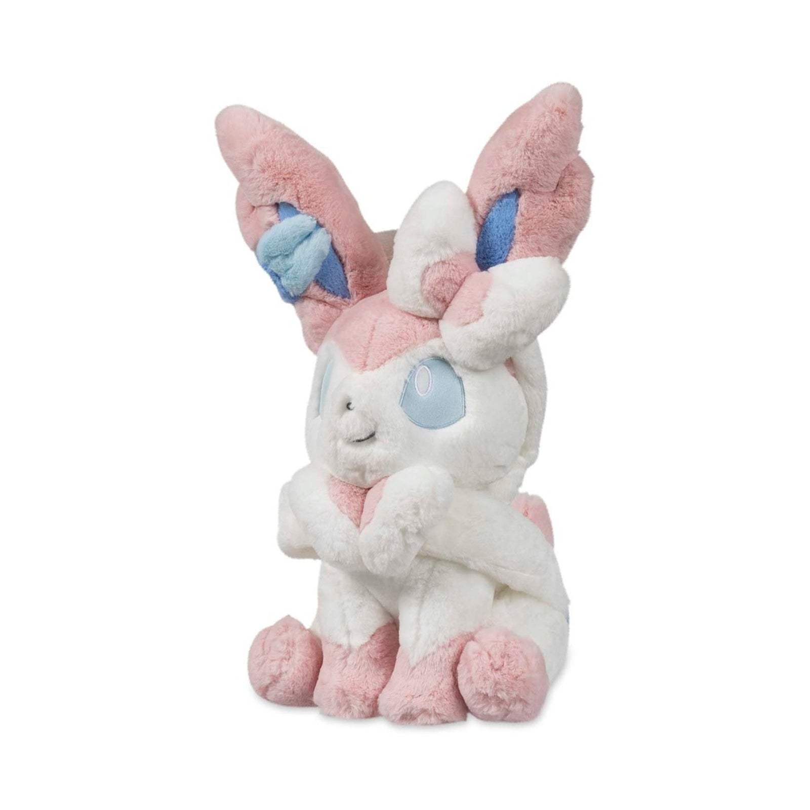 Sylvia Sylveon Comfy Friends plush officially licensed Pokémon Eevee evolution stuffed animal. Ultra-soft premium chenille fabric cloud-like texture sensory comfort toy. Pastel pink coloring safety embroidered eyes perfect for emotional support anxiety relief. Comfy Friends collection limited edition Pokémon Center product. Best gift for Pokémon fans children adults birthday Christmas present. Huggable design soft stuffed toy collectible merchandise cuddling companion.